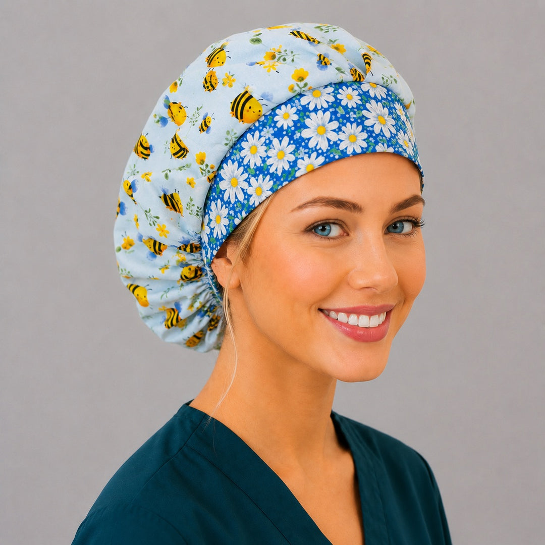 Honeybee and daisy band bouffant surgical cap, side smiling view — cheerful bee floral bouffant scrub hat for women, breathable cotton