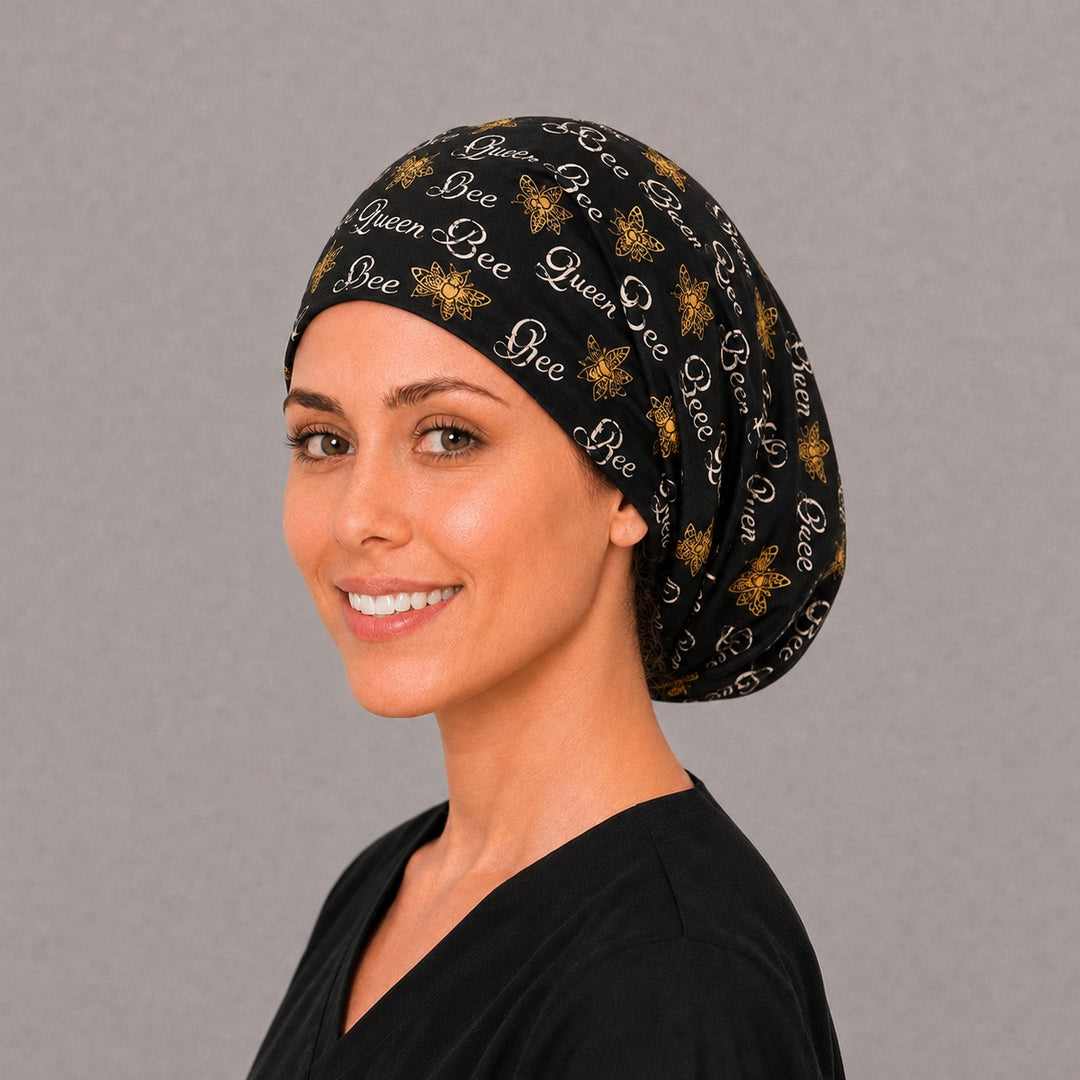 Honeybee Queen Euro surgical cap, left angled view — elastic adjustable back with full head coverage for long hair