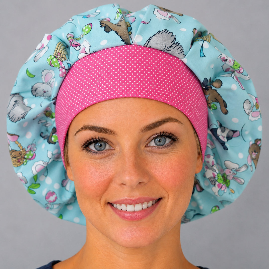 Hoppy Tails puppy bouffant cap for women, opposite side view — cute Easter dog print, handmade cotton surgical cap, USA made