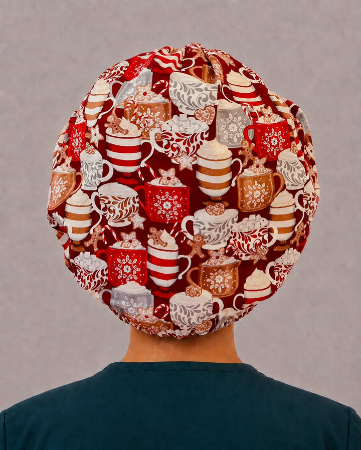 Back view of the hot chocolate bouffant scrub cap — full gathered fit showing cocoa mugs, marshmallows and snowflakes on cranberry red