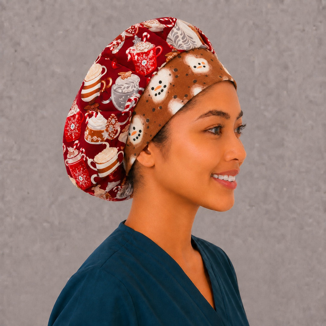 Right side profile of the hot cocoa and marshmallow bouffant surgical hat — peppermint and candy cane print, roomy breathable cotton cap for nurses