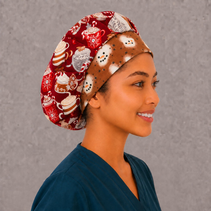 Right side profile of the hot cocoa and marshmallow bouffant surgical hat — peppermint and candy cane print, roomy breathable cotton cap for nurses