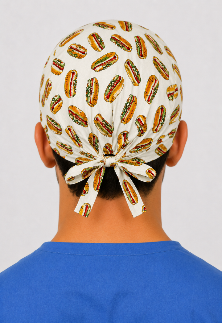 Back view of hot dog tie-back scrub cap showing the bow tie closure — handmade-in-USA OR World men&
