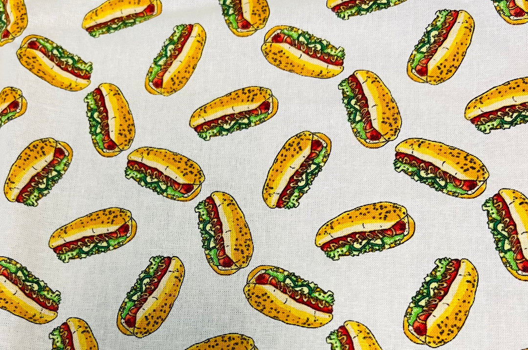 Close-up of hot dog food-print fabric, colorful hotdogs on a light background — handmade-in-USA OR World men&