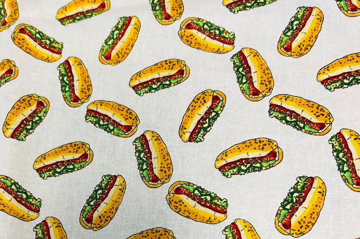 Close-up of hot dog food-print fabric, colorful hotdogs on a light background — handmade-in-USA OR World men&