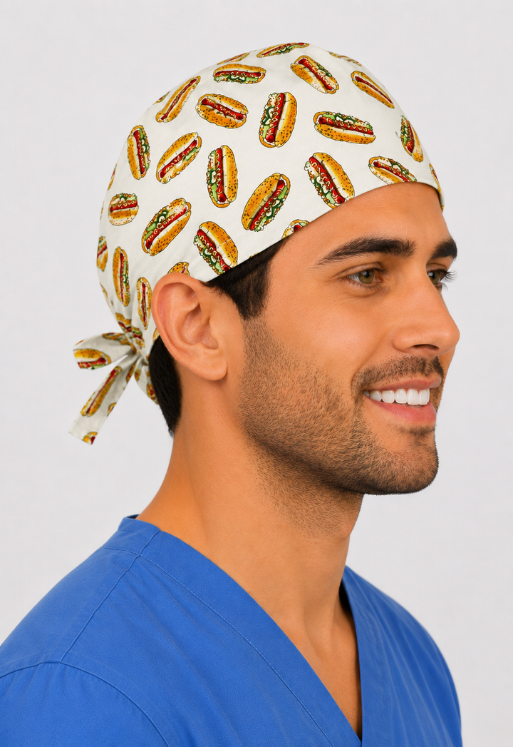 Profile view of man wearing funny hotdog tie-back scrub cap — handmade-in-USA men&