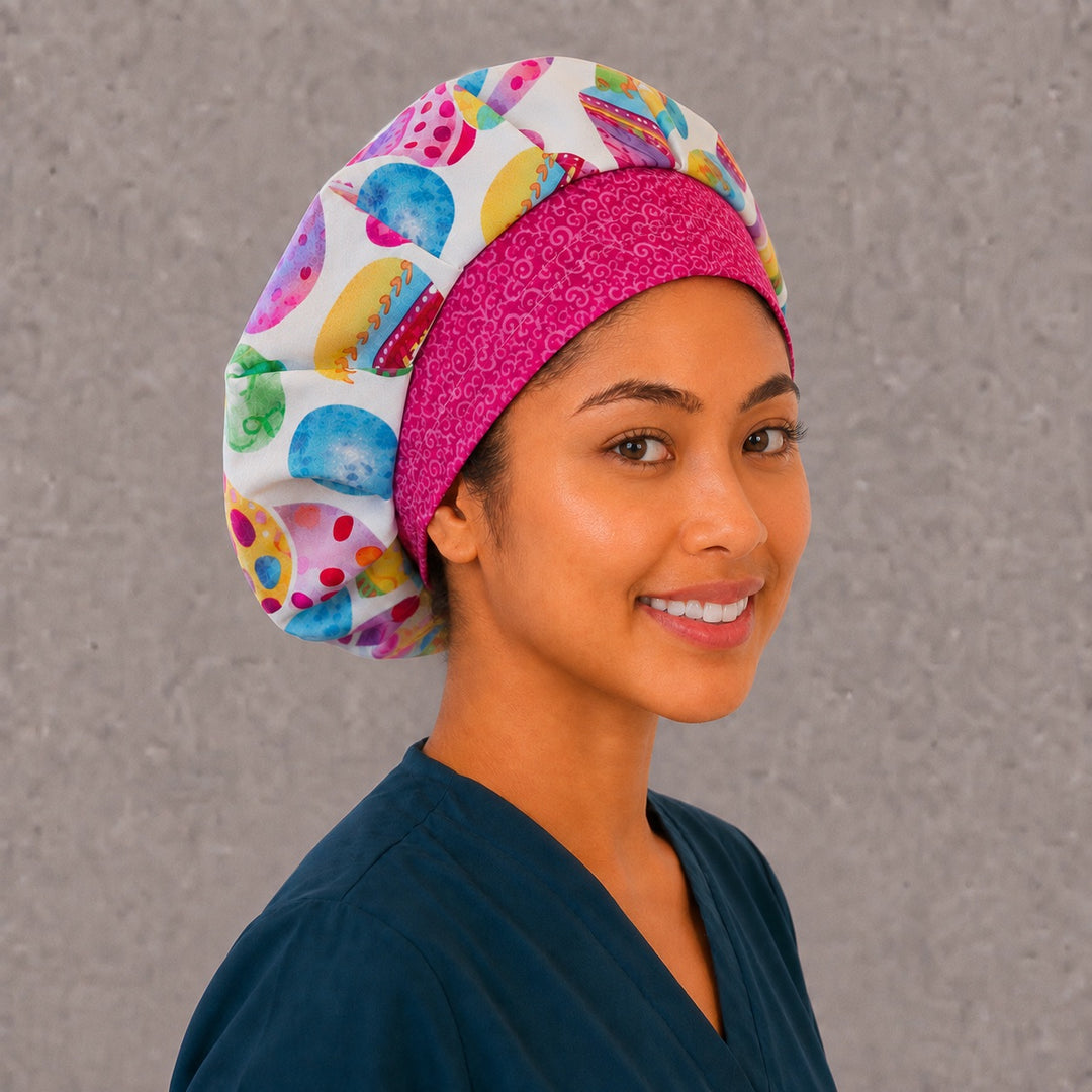 Hot-pink band Easter bouffant surgical cap for long hair, angled view — deep gathered fit that secures thick or braided hair