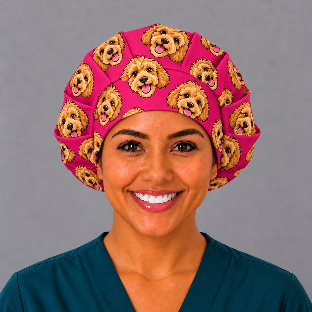 Front view of a hot pink dog bouffant scrub cap with custom cartoon pet faces, a fun personalized gift for nurses and midwives