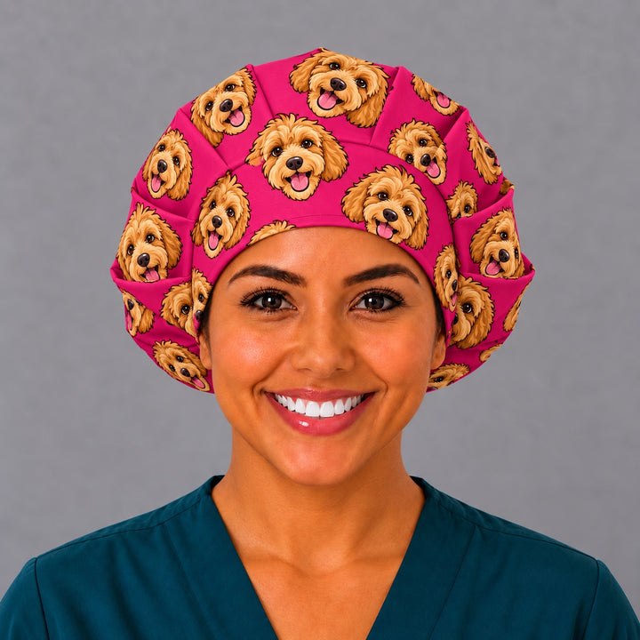 Front view of a hot pink dog bouffant scrub cap with custom cartoon pet faces, a fun personalized gift for nurses and midwives