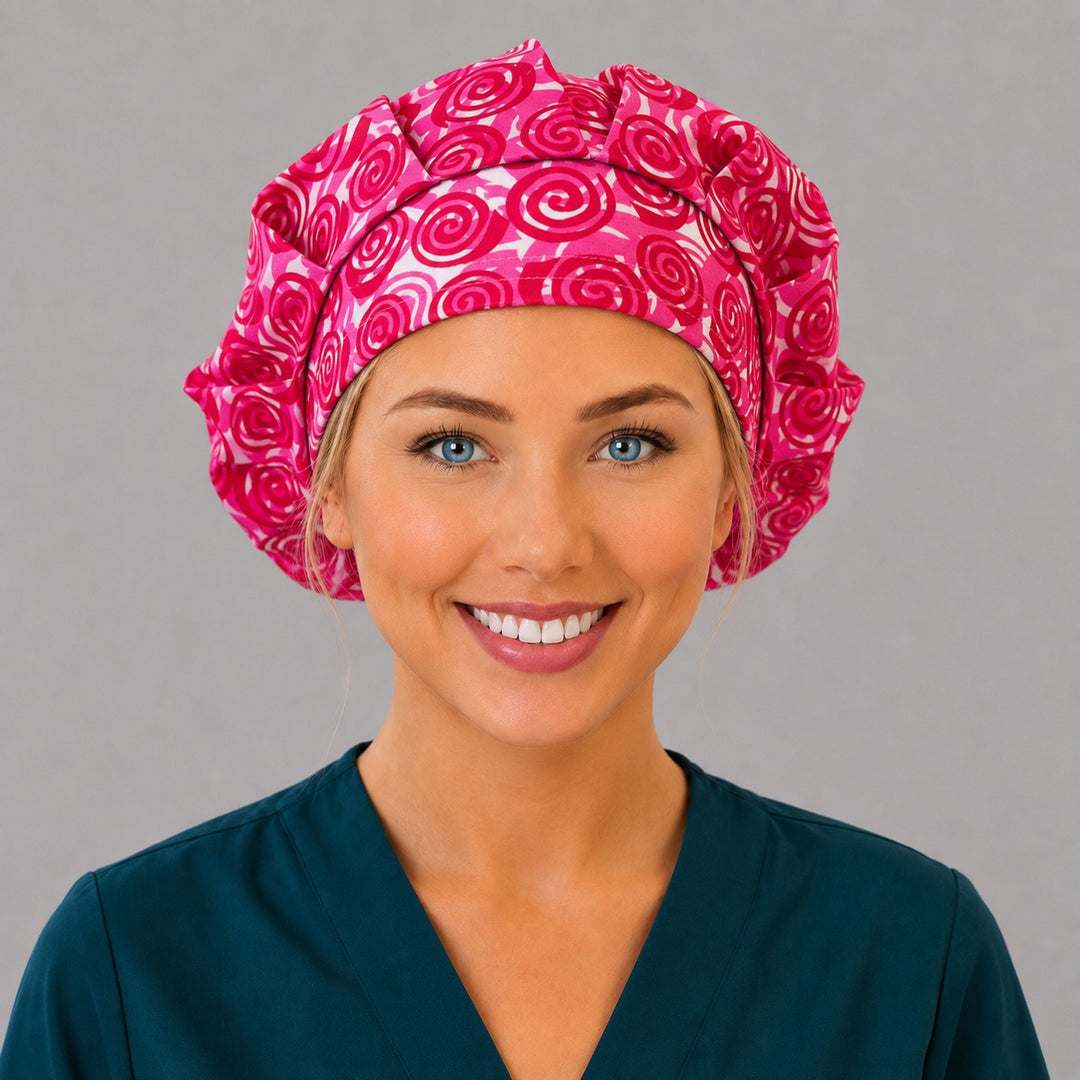 Right side profile of the hot pink rose swirl bouffant surgical hat — abstract spiral print, roomy breathable cotton cap for nurses