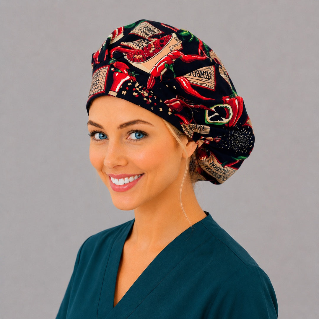 Hot sauce and gumbo bouffant scrub cap side view — spicy Cajun Creole foodie print, adjustable elastic fit cap for nurses and cooks