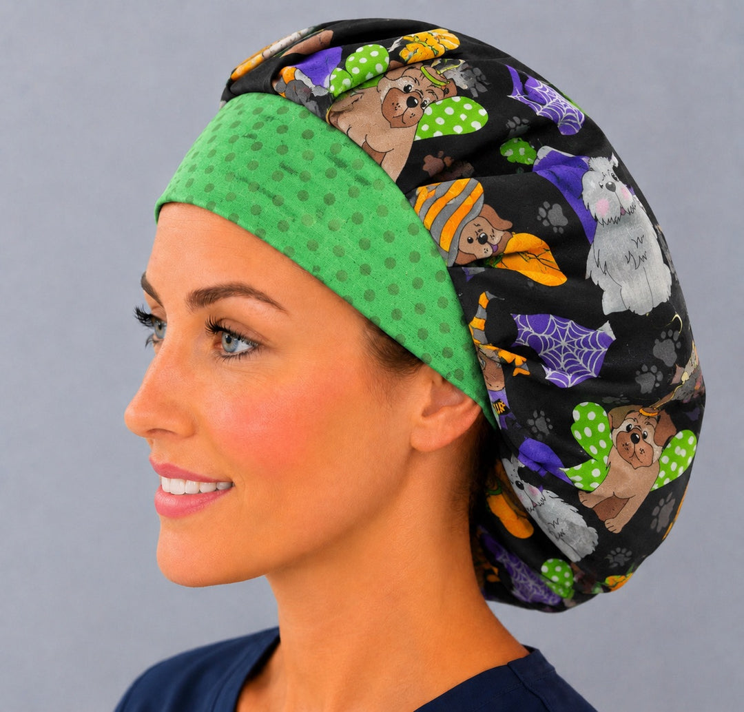 Howl-O-Ween pups bouffant cap for women, left side profile — handmade Halloween dog surgical cap, USA made