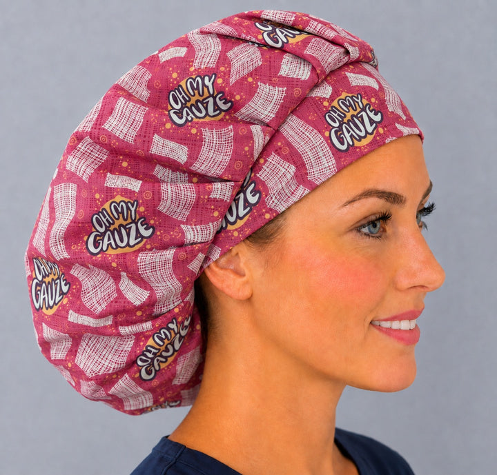 Medical humor bouffant scrub cap, right side profile — deep gathered fit that secures long thick or braided hair