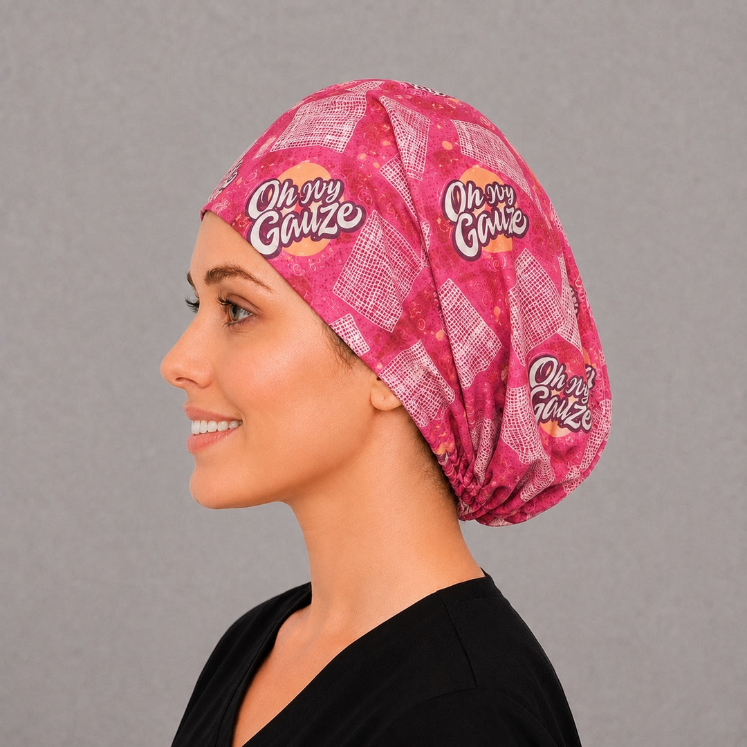 Medical humor Euro scrub cap, right angled smiling view — bold pink gauze print for OR nurses and surgical techs