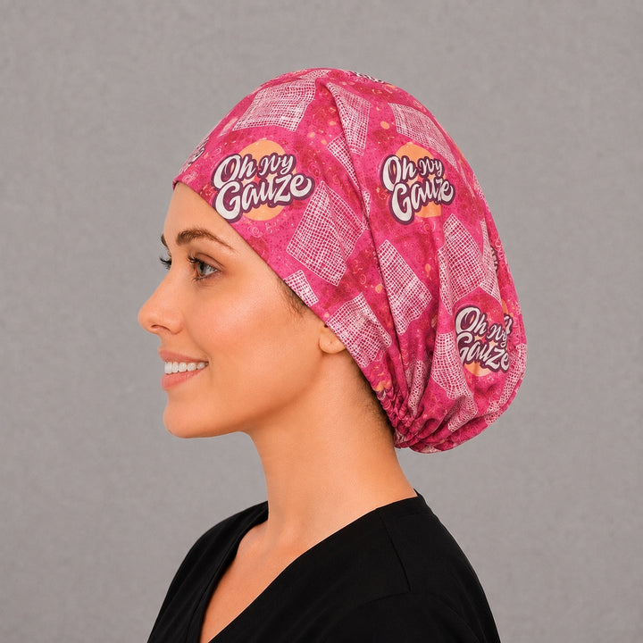 Medical humor Euro scrub cap, right angled smiling view — bold pink gauze print for OR nurses and surgical techs