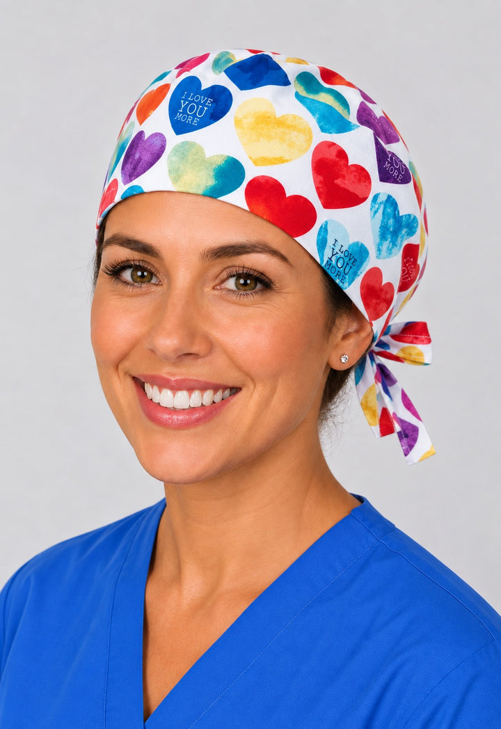 Nurse wearing I Love You More heart tie back scrub cap, watercolor Valentine surgical hat with side tie by OR World