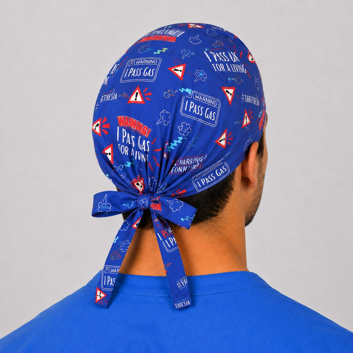 Back view of the I Pass Gas for a Living anesthesia scrub cap bow — funny tie-back surgical cap for CRNAs, one size fits most