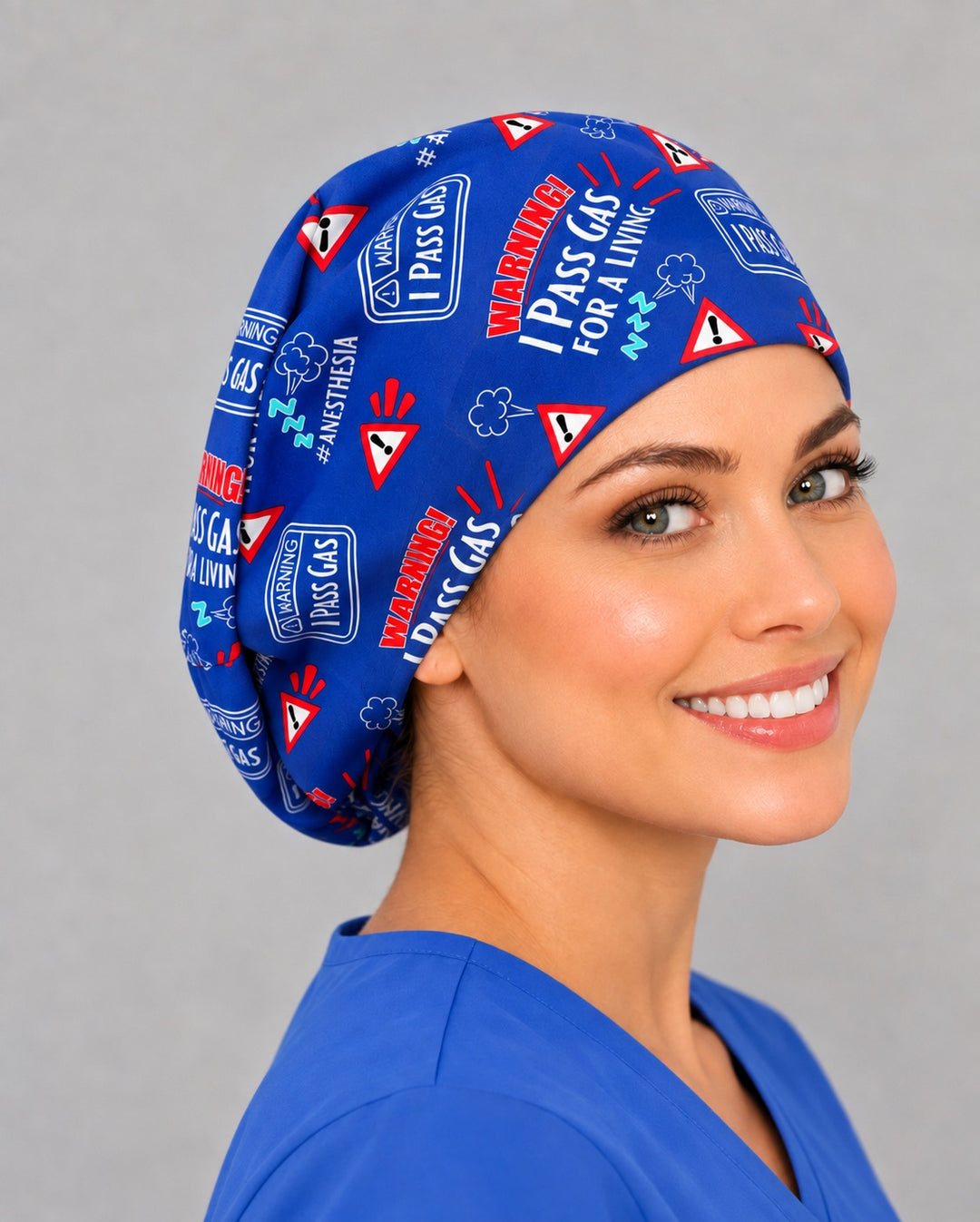 I Pass Gas For A Living Euro scrub cap, right angled smiling view — medical humor print for anesthesiologists and OR nurses
