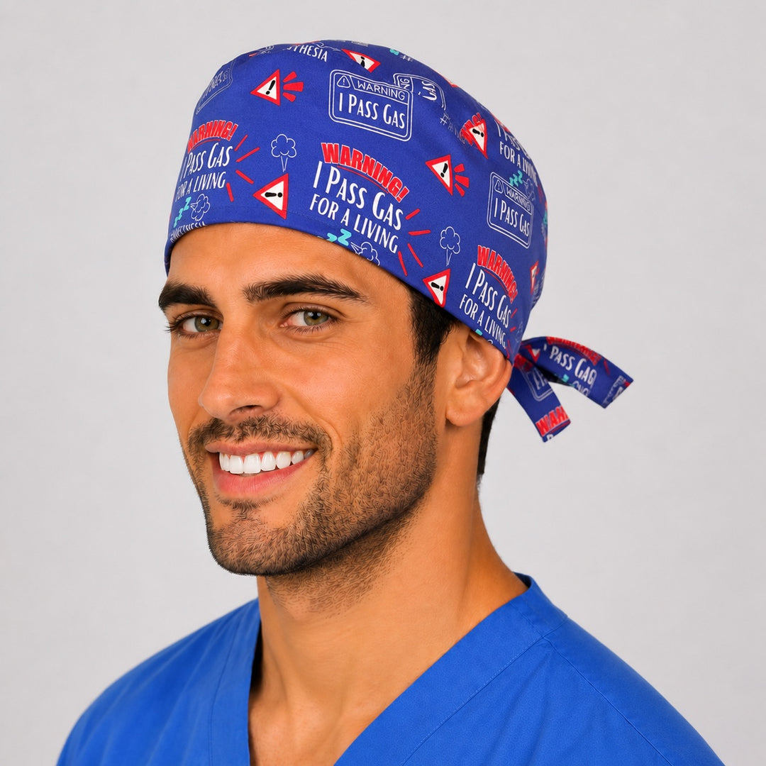 I Pass Gas for a Living scrub cap side view — funny anesthesia humor surgical cap on a male anesthesiologist, handmade in the USA