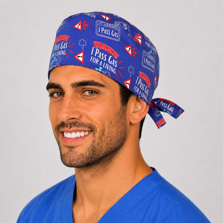 I Pass Gas for a Living scrub cap side view — funny anesthesia humor surgical cap on a male anesthesiologist, handmade in the USA