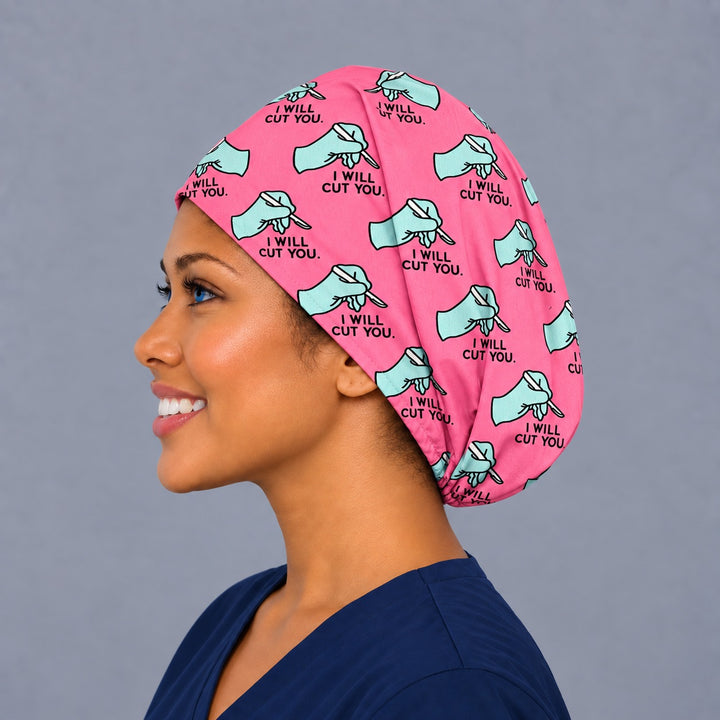 I Will Cut You Euro cap, left side profile — handmade scalpel print surgical cap, USA made