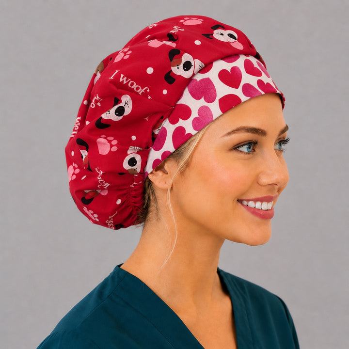 I Woof You puppy bouffant scrub cap angled smiling view on a vet tech — Valentine&
