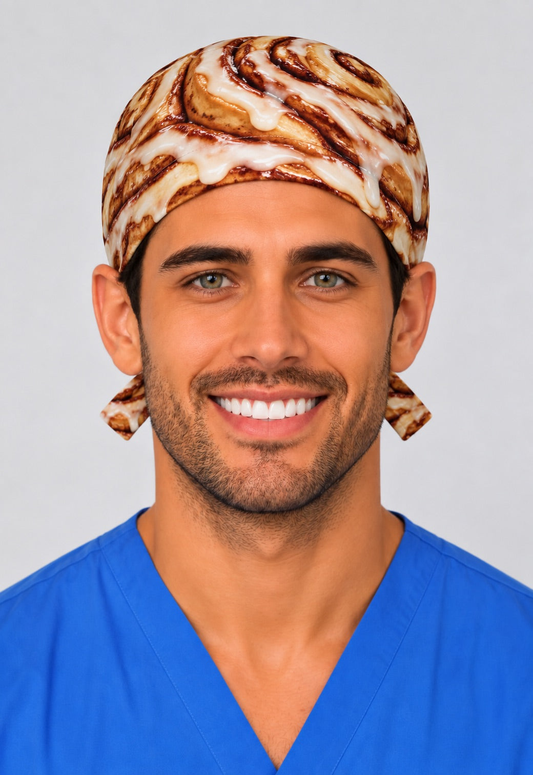 Front view of an iced cinnamon bun surgical cap for men, handmade by OR World