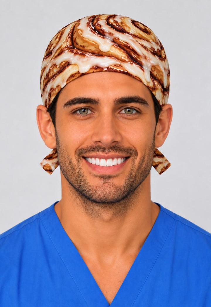 Front view of an iced cinnamon bun surgical cap for men, handmade by OR World