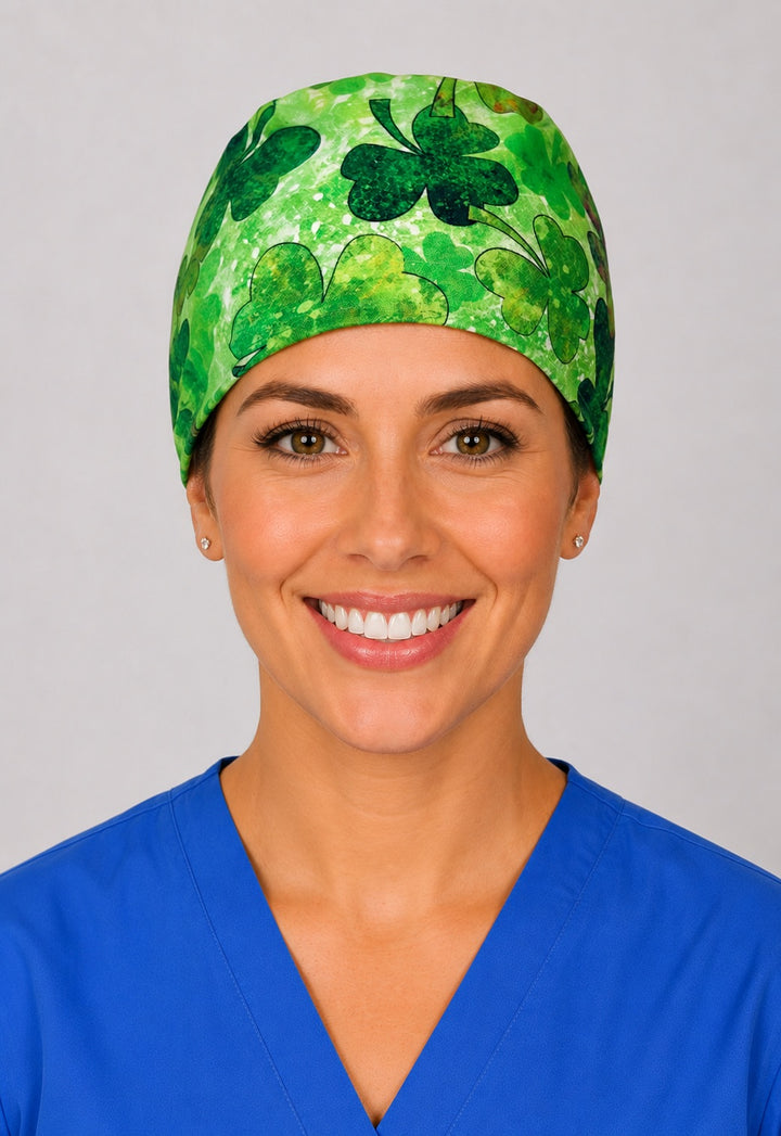 Back view of adjustable tie-back knot on green Irish charm clover unisex surgical hat