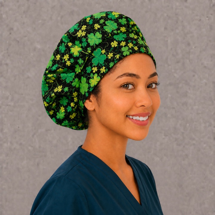 Irish clover bouffant cap for women, right angled smiling view — handmade St. Patrick&