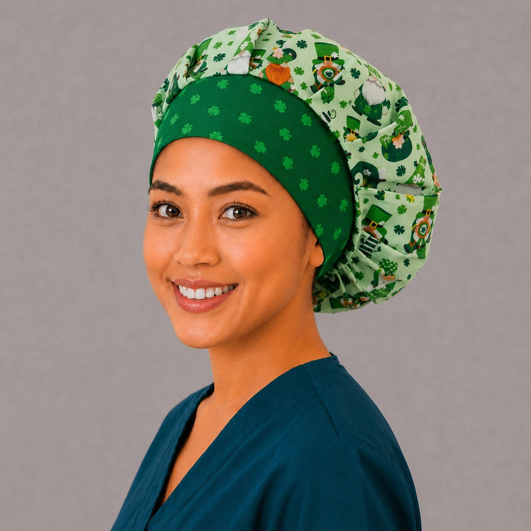 Irish gnome bouffant cap for women, right angled smiling view — handmade St. Patrick's Day surgical cap, USA made