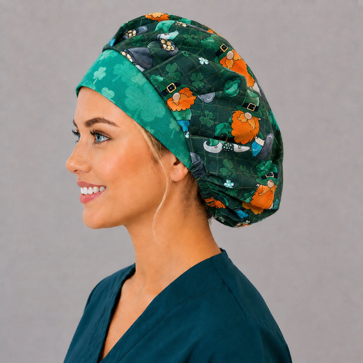 Irish gnome and pot of gold bouffant cap for women, right side profile — handmade St. Patrick&