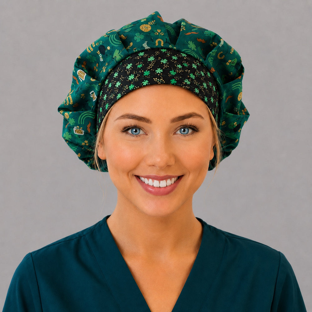 Irish shamrock bouffant cap for women, angled smiling view — handmade St. Patrick's Day print surgical cap, USA made