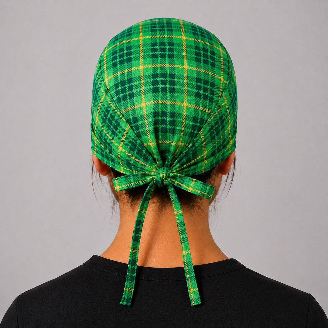 Three-quarter view of Irish tartan green plaid unisex adjustable surgical hat for nurses, surgical techs and vet techs