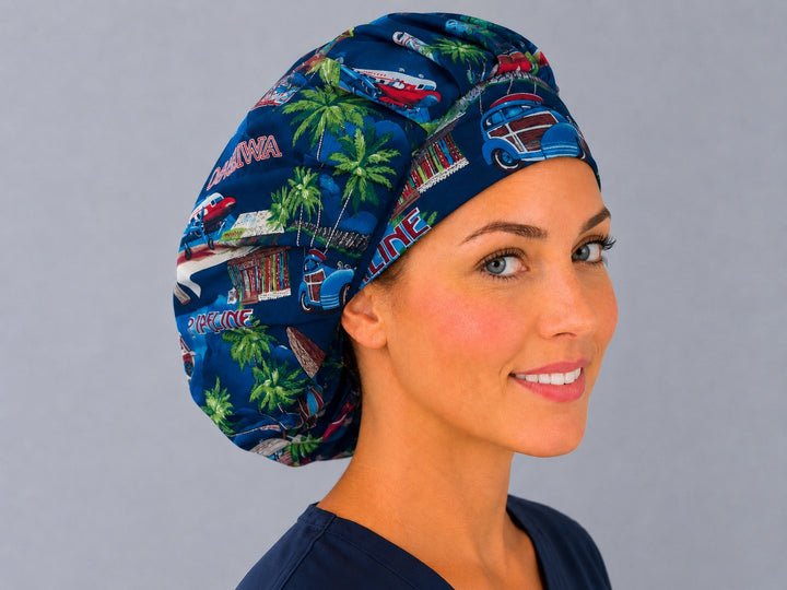 Island travel bouffant scrub cap, angled smiling view — palm trees and vintage woody cars print, roomy elastic-back cap for OR nurses