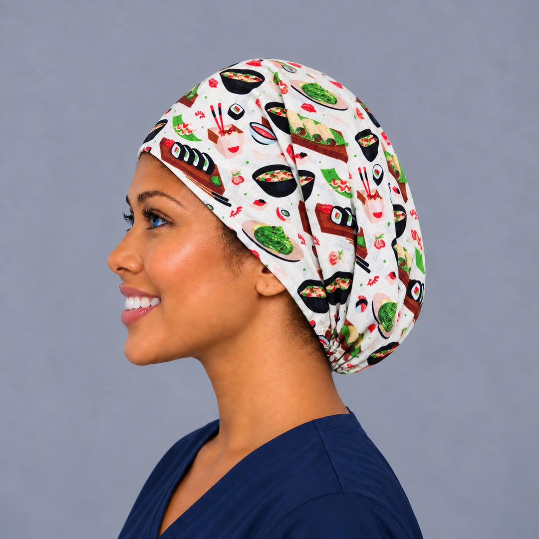 Japanese cuisine Euro cap, left side profile — handmade ramen and dumpling print surgical cap, USA made