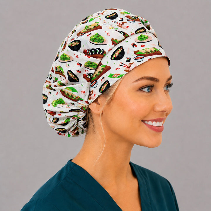 Right side profile of the Japanese sushi roll bouffant surgical hat — nigiri and chopstick print, roomy breathable cotton cap for nurses