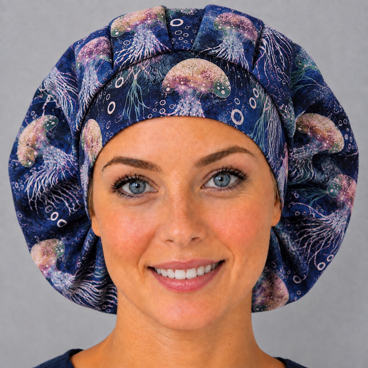 Woman wearing a jellyfish bouffant scrub cap, front view — luminous pink and teal jellyfish on deep navy, adjustable women&