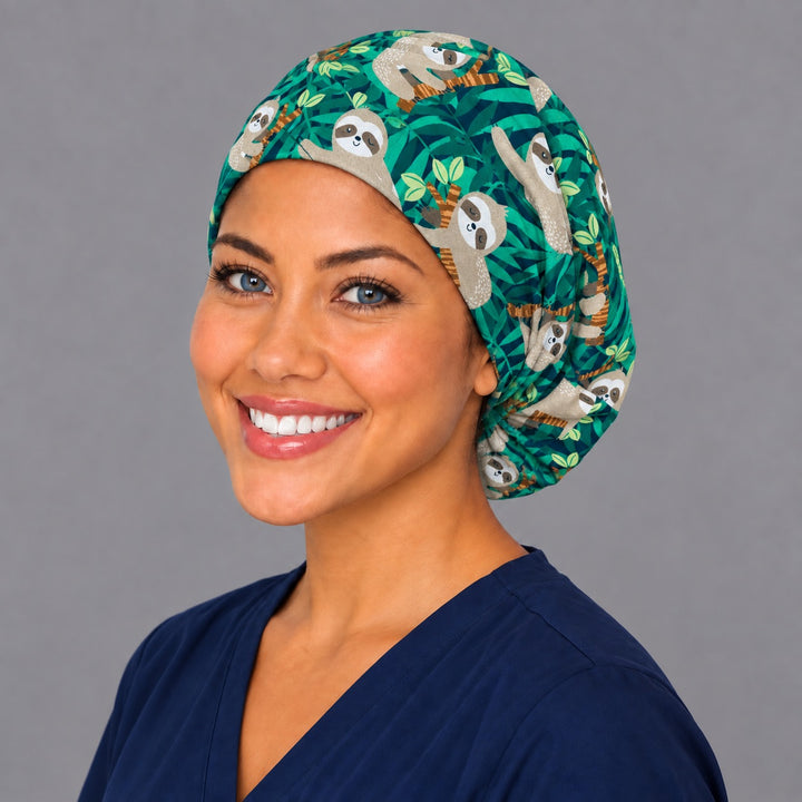 Jungle sloth Euro surgical cap, left angled view — elastic adjustable back that secures long or thick hair