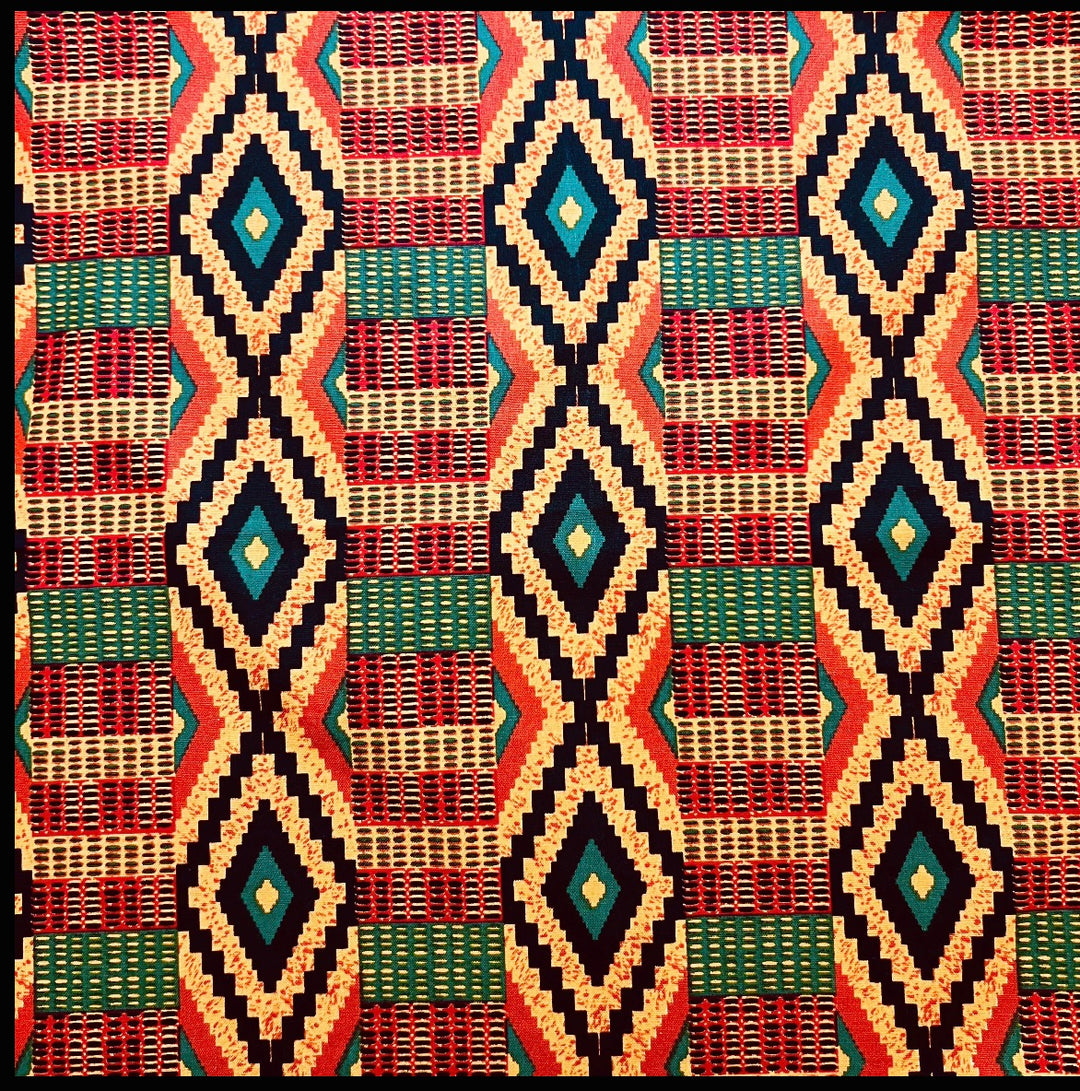 Flat fabric swatch of the Kente-inspired print: gold, red and teal woven-look bands alternating with black stepped diamonds