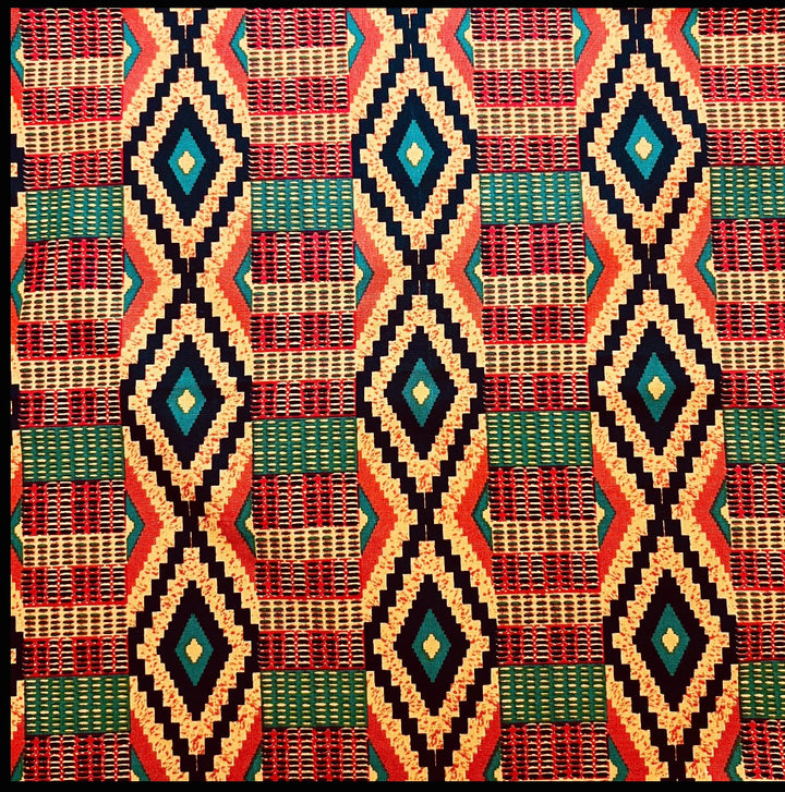 Flat fabric swatch of the Kente-inspired print: gold, red and teal woven-look bands alternating with black stepped diamonds