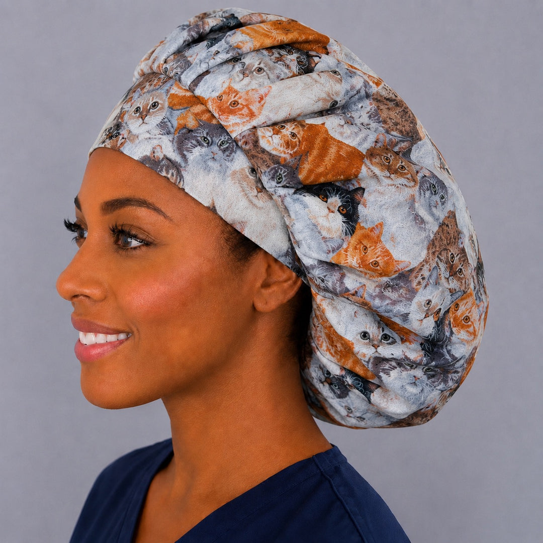 Kitten face bouffant cap for women, left side profile — handmade cat print surgical cap, USA made