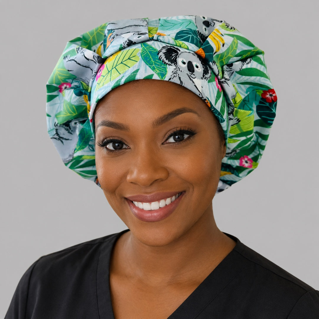 Koala bears tropical leaves bouffant scrub cap for women, front view, koalas among eucalyptus and hibiscus, handmade surgical hat by OR World
