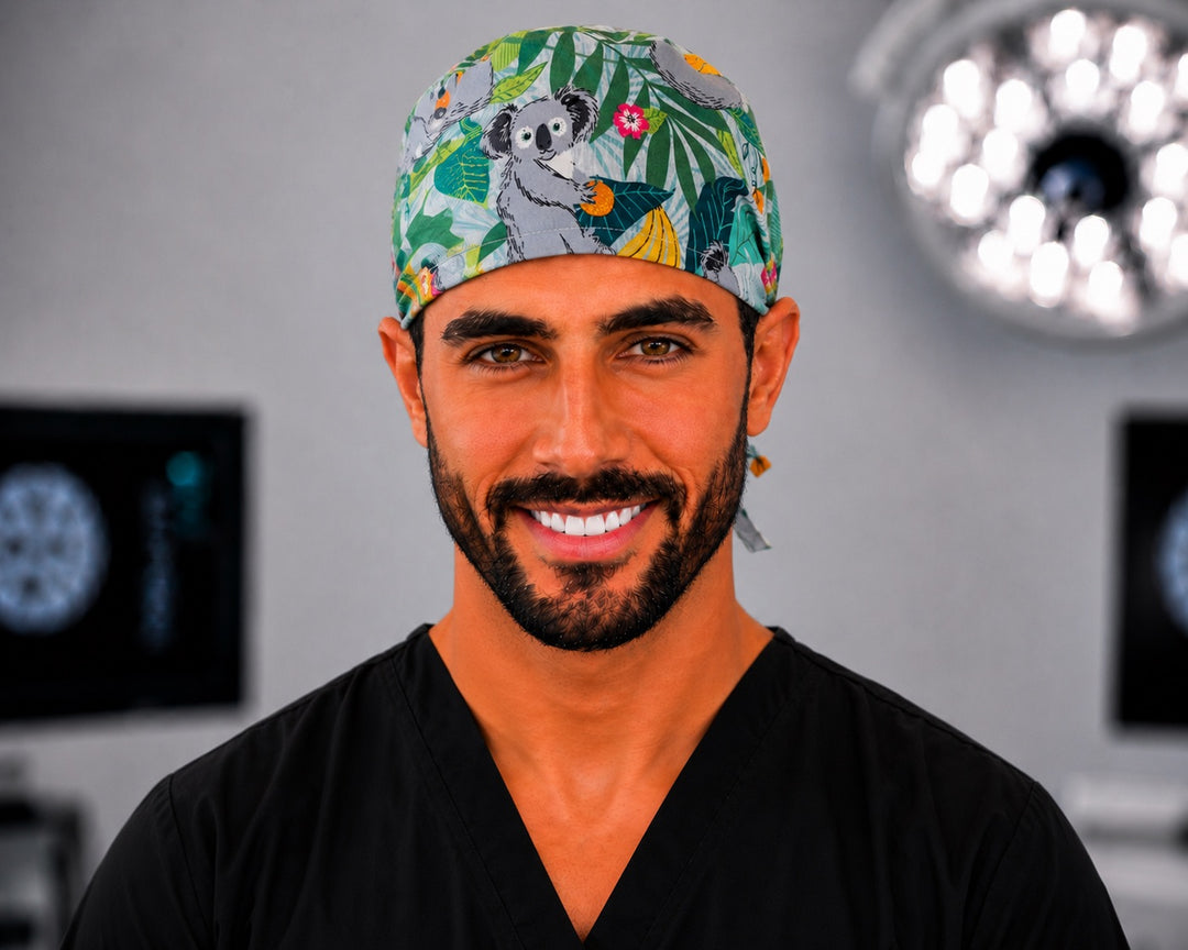 Koala bears tropical scrub cap with grey koalas and jungle leaves, handmade men&