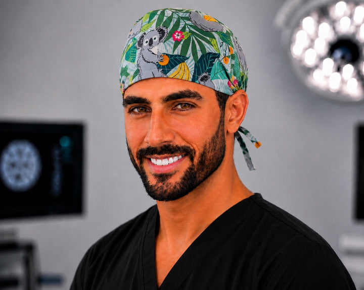 Back view of adjustable tie-back knot on koala bears tropical wildlife scrub cap surgical hat for men
