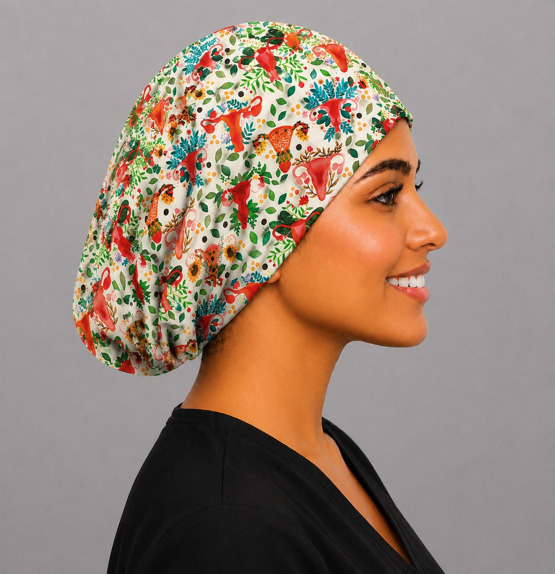 Labor and delivery uterus Euro surgical cap, left angled view — elastic gathered back with full head coverage
