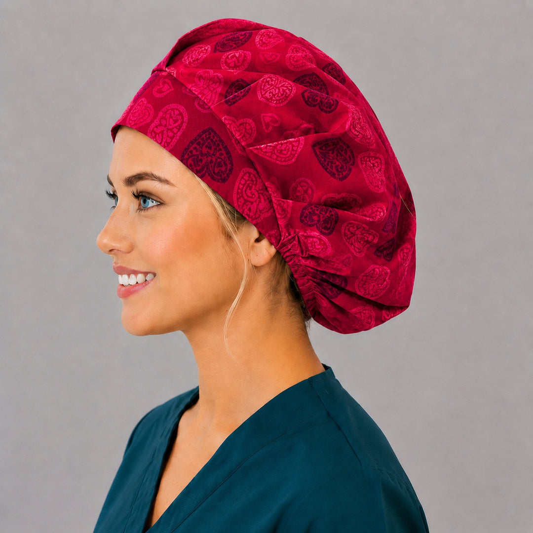 Lace heart bouffant cap for women, left side profile — handmade red Valentine surgical cap, USA made