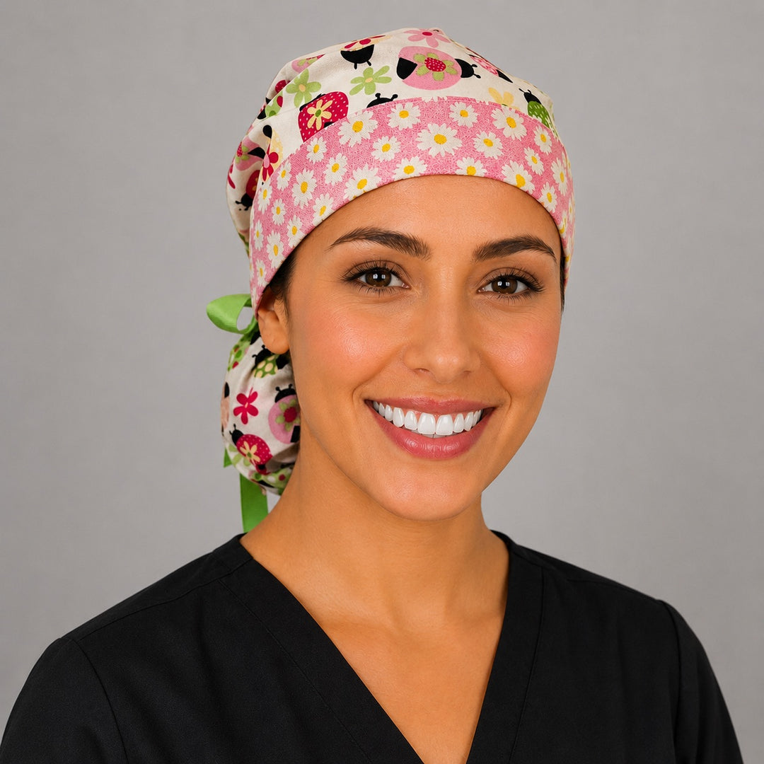 Woman wearing ladybug daisy ponytail scrub cap, front view smiling with colorful floral ladybugs, daisies and pink daisy band with green ribbon tie