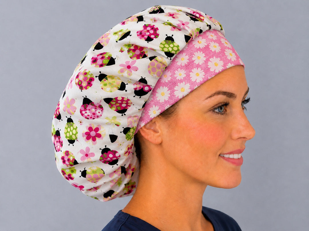 Ladybug floral bouffant cap for thick hair, opposite side profile — roomy elastic-back surgical cap handmade in the USA