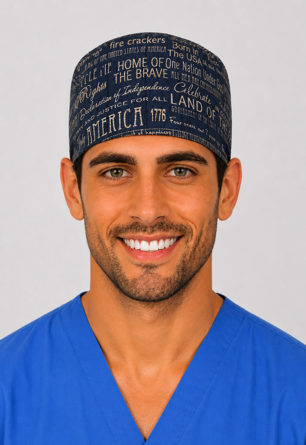 Land of the Free patriotic scrub cap for men and short hair, handmade navy Americana tie-back surgical hat, front view
